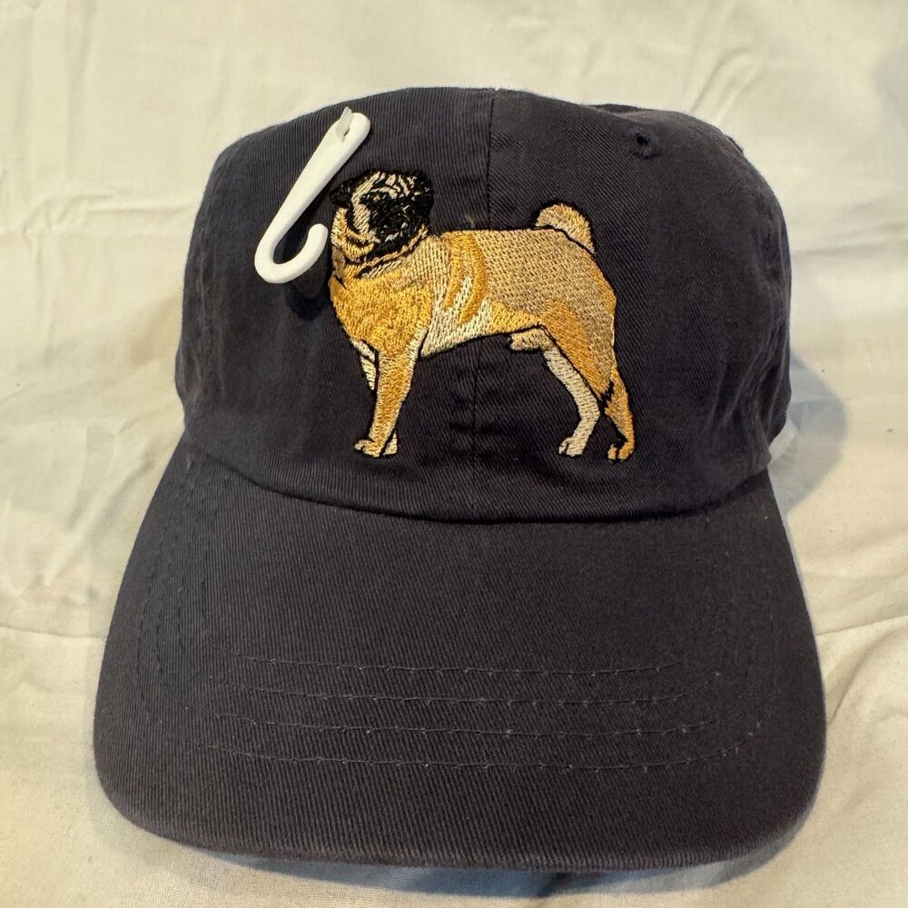 Gr8 Dogs Pug Baseball Cap Hat Embroidered Navy Blue 100% Cotton Adjustable NWT